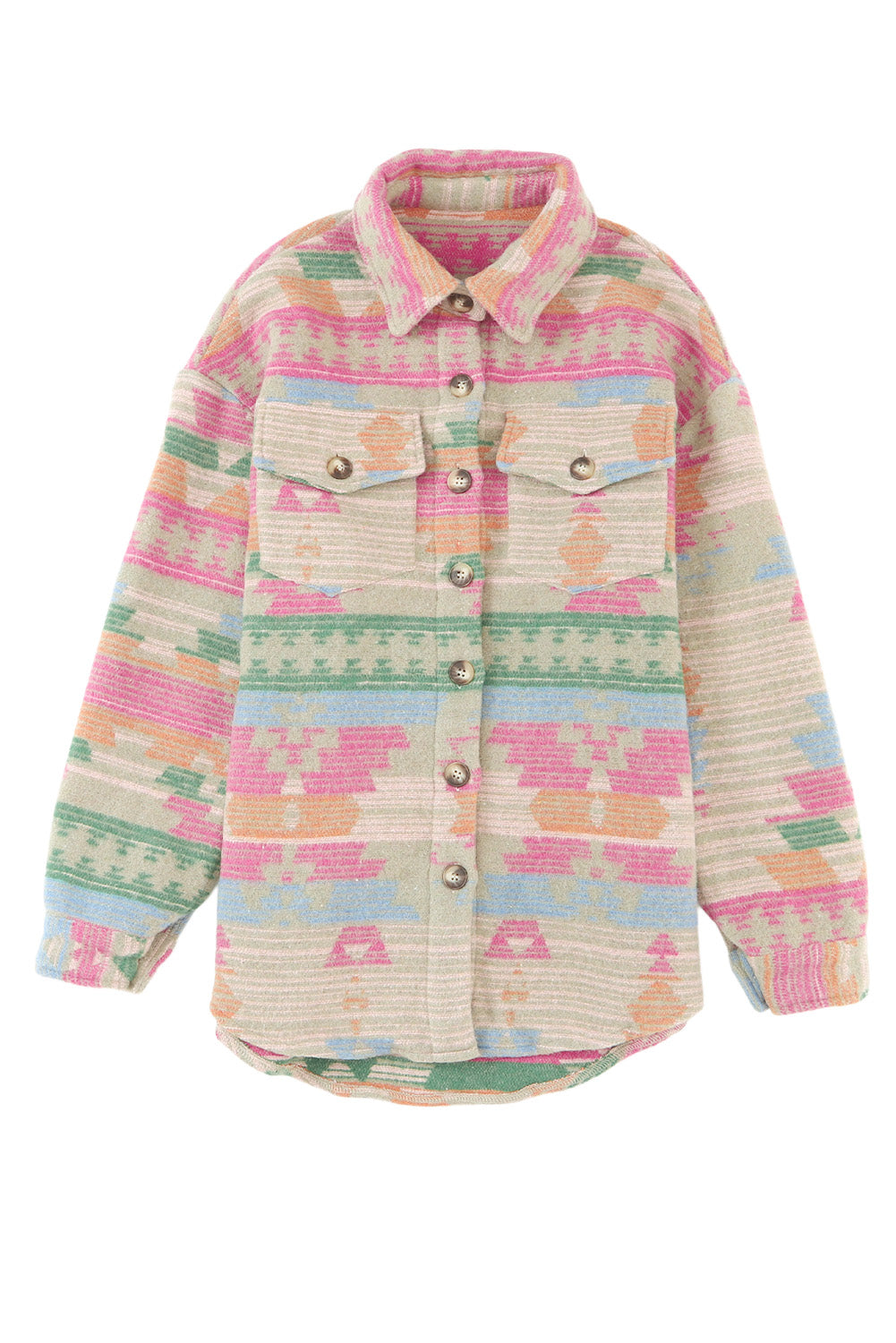 Women's Shacket Featuring Pink Western Aztec-Pattern Button Flap Pocket