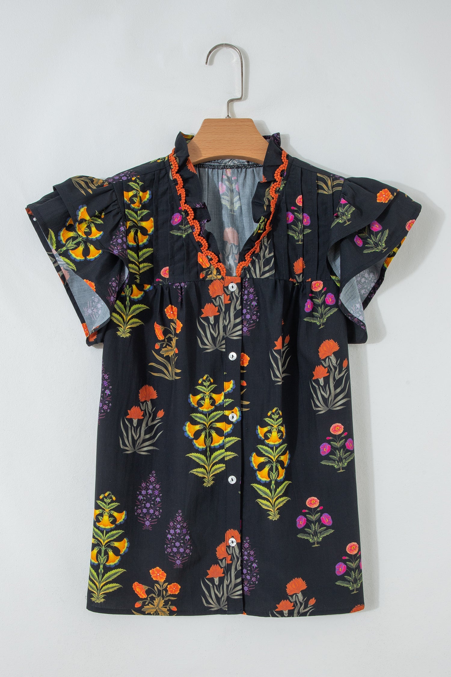 Lace Trim Floral-Print Trim Frilled Short-Sleeved Shirt