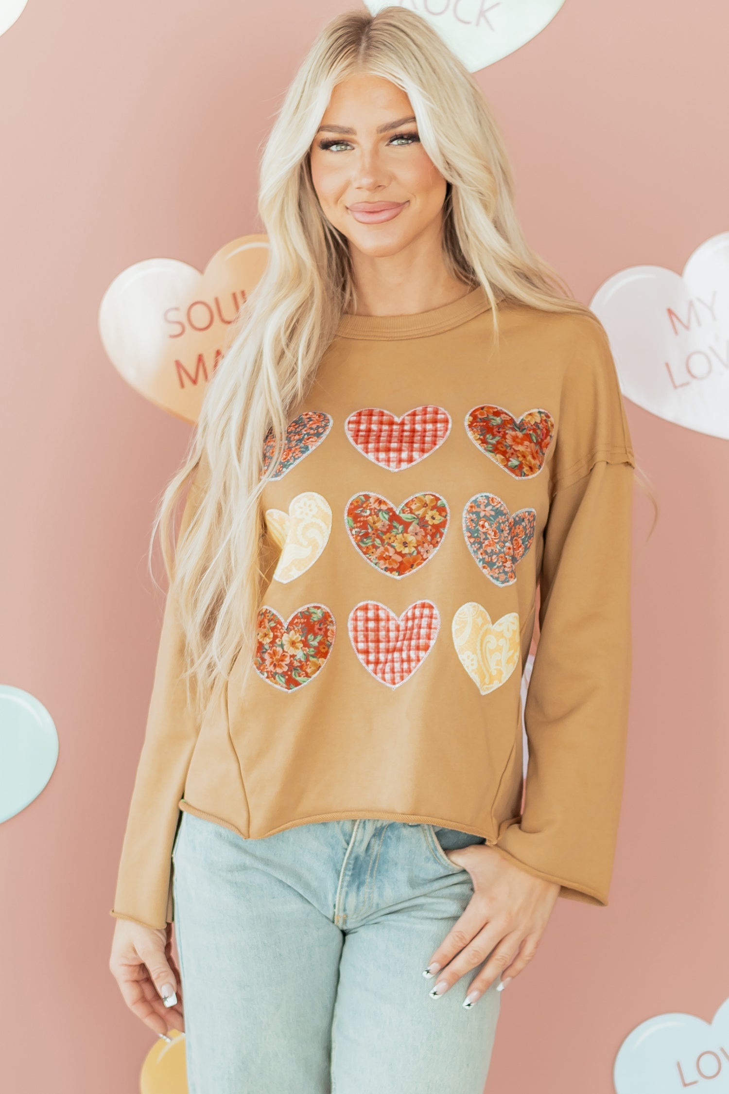Plaid Floral Heart Stitched Exposed Seam Mineral Wash Sweatshirt