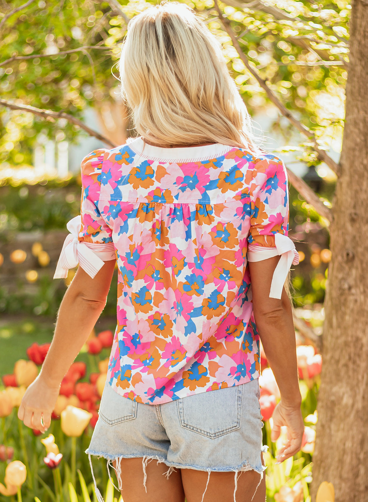 Floral Colorblock Striped Edge V-Neck Knotted Short-Sleeved Blouse
