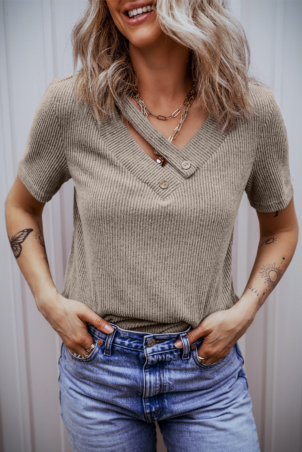 Women's Tee Featuring Rib-Knitted Strappy V Neck