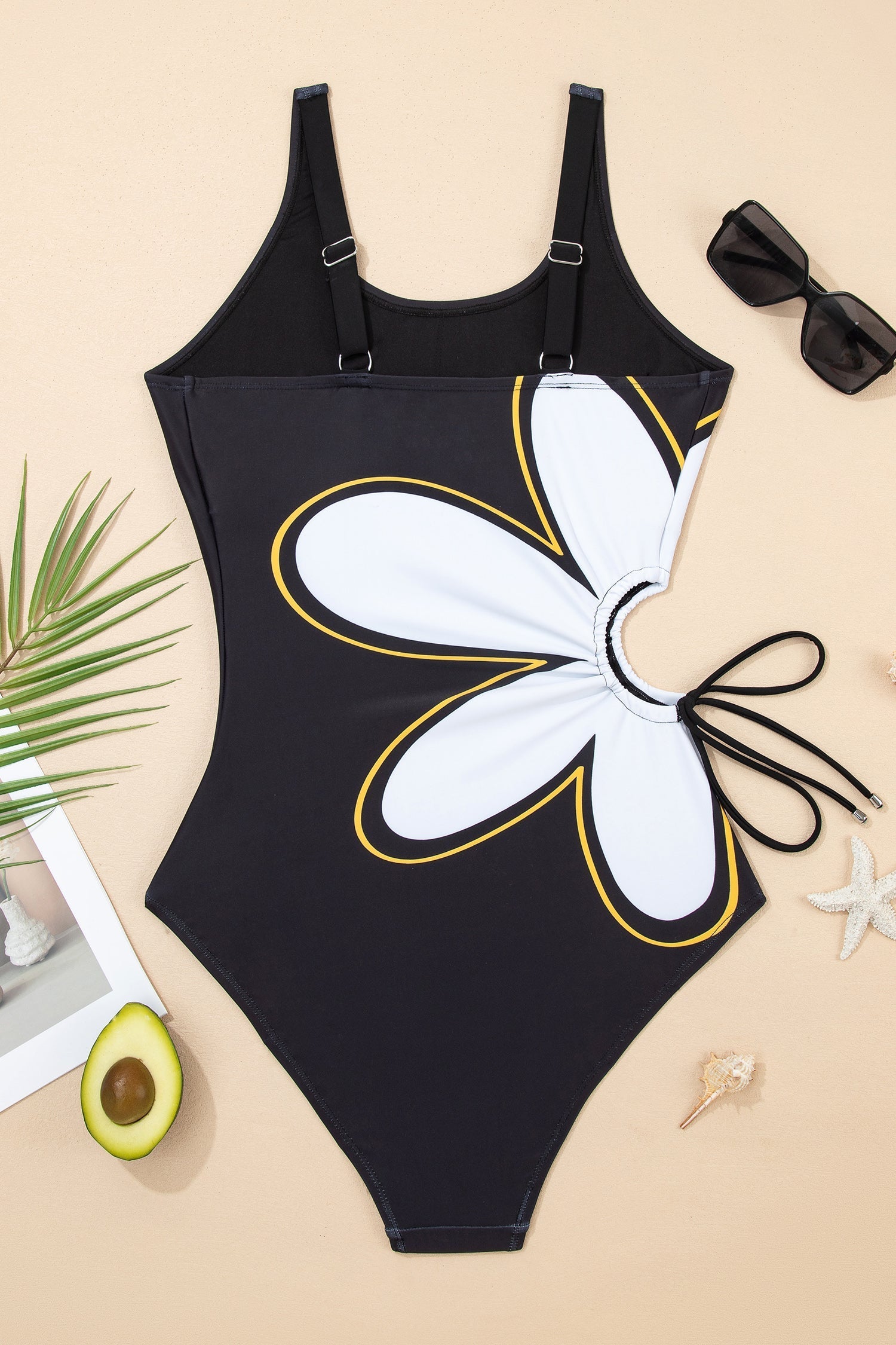 Hole Drawcord Big Floral-Print Sleeveless One Piece Swimsuit in Black