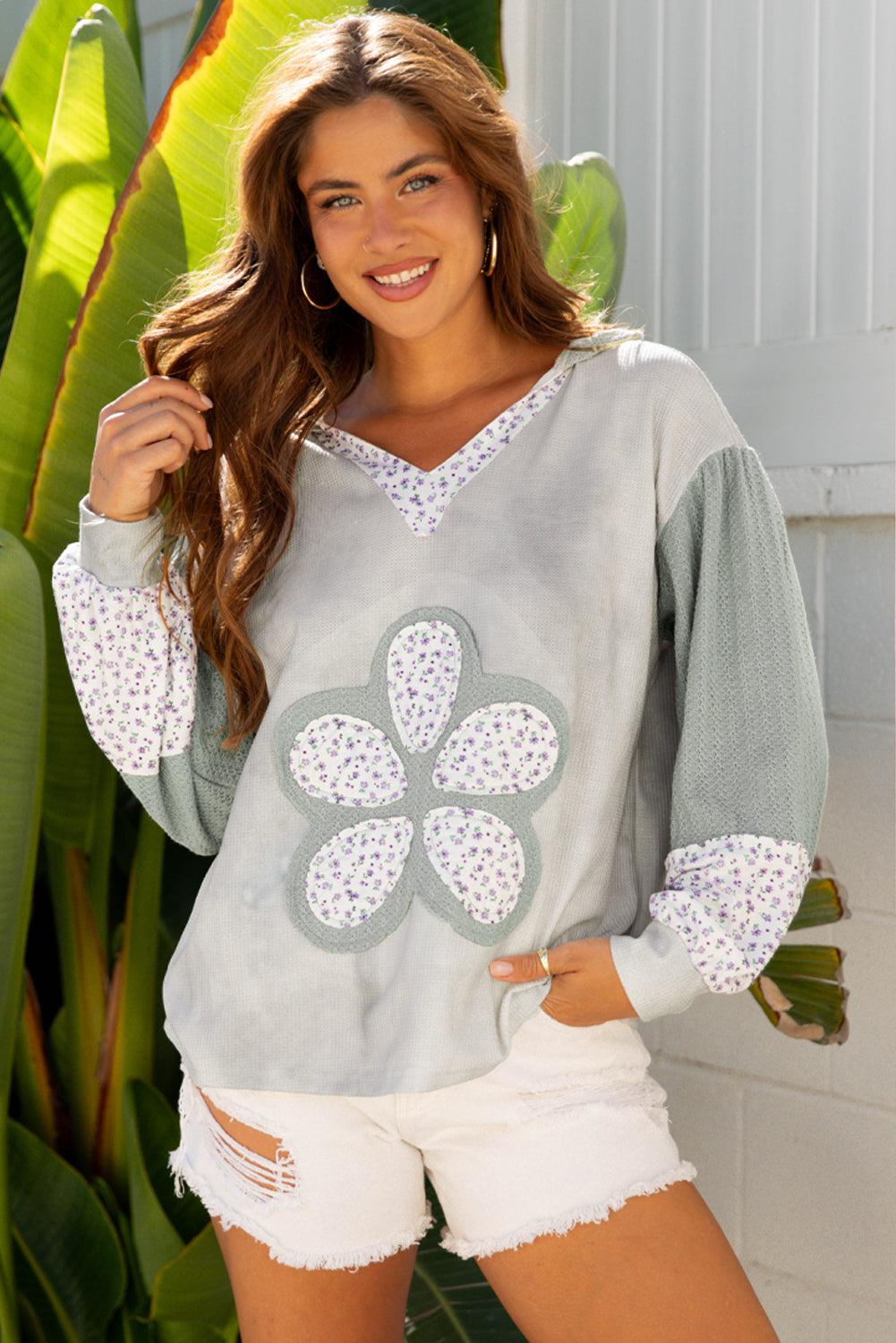 Floral Patched Waffle Textured Colorblock V-Neck Everyday Hooded Top