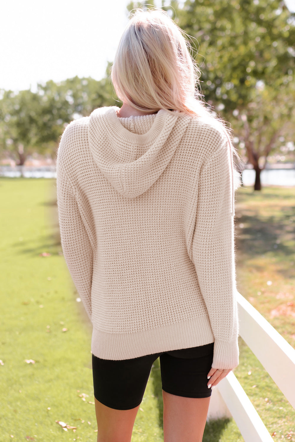 Women's Hooded Sweater with Buttons Waffle Knitted