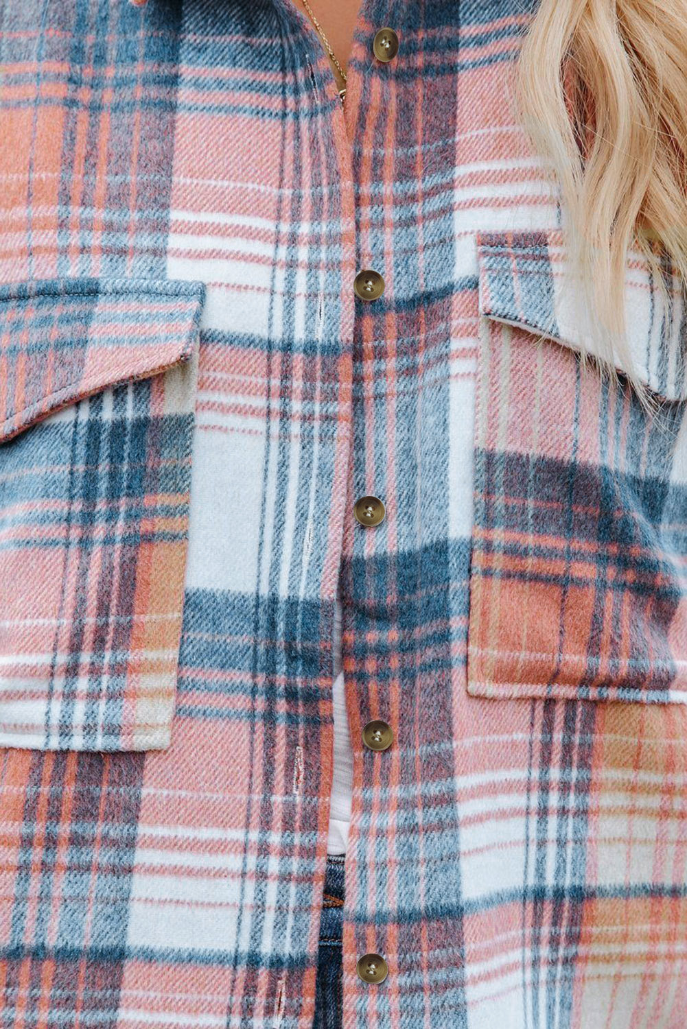 Women's Shacket Featuring Plaid Flap Pockets Pink Black