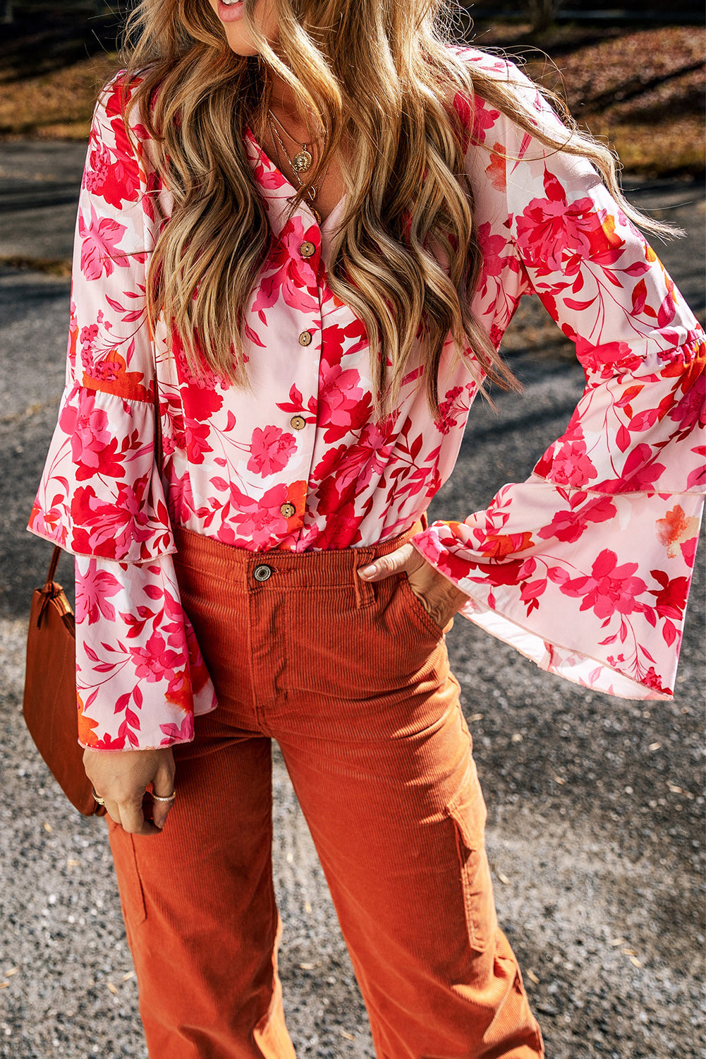 Women's Bodysuit Featuring Print Layered Bell Button-Front Floral-Print