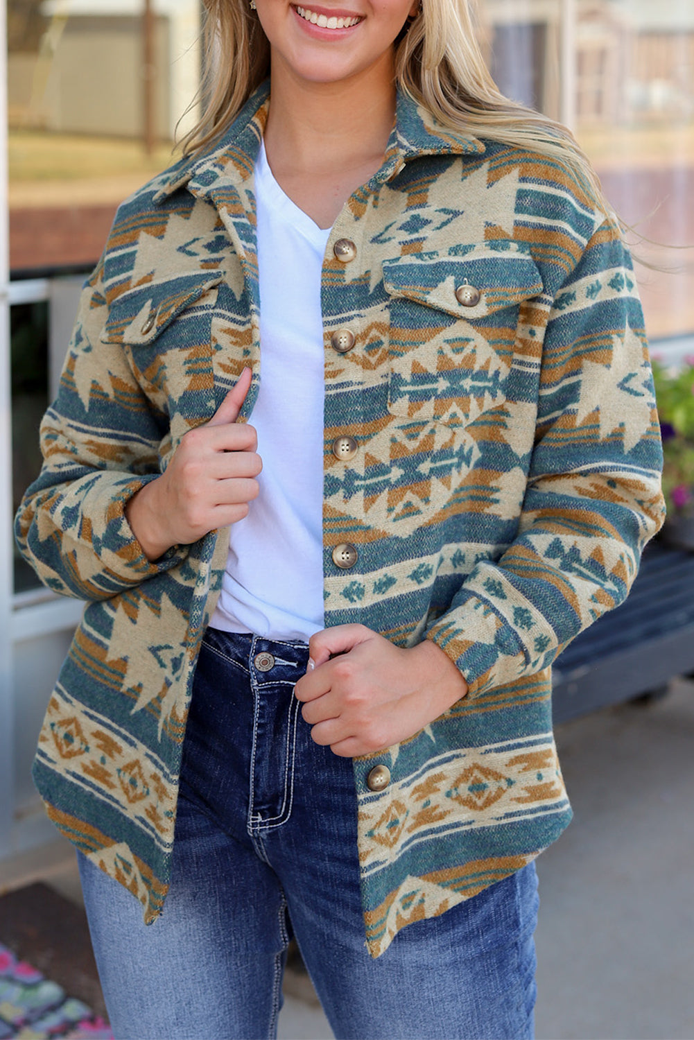 Women's Aztec-Pattern Button Shacket