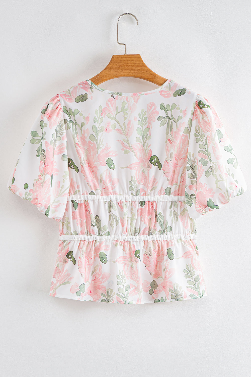 Floral V-Neck Puff Sleeve Tied Front Peplum Blouse
