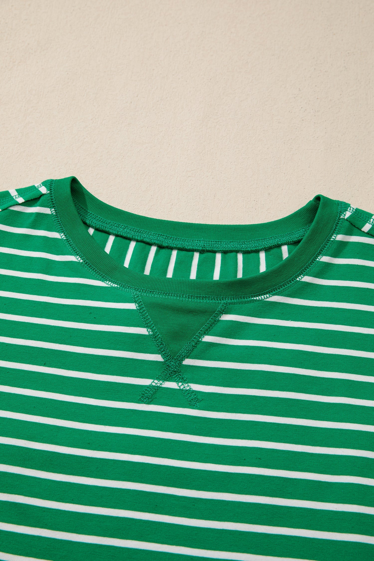 Rib-Knit Patchwork Stripe Patchwork Seam Detail Half Sleeve Tee in Green