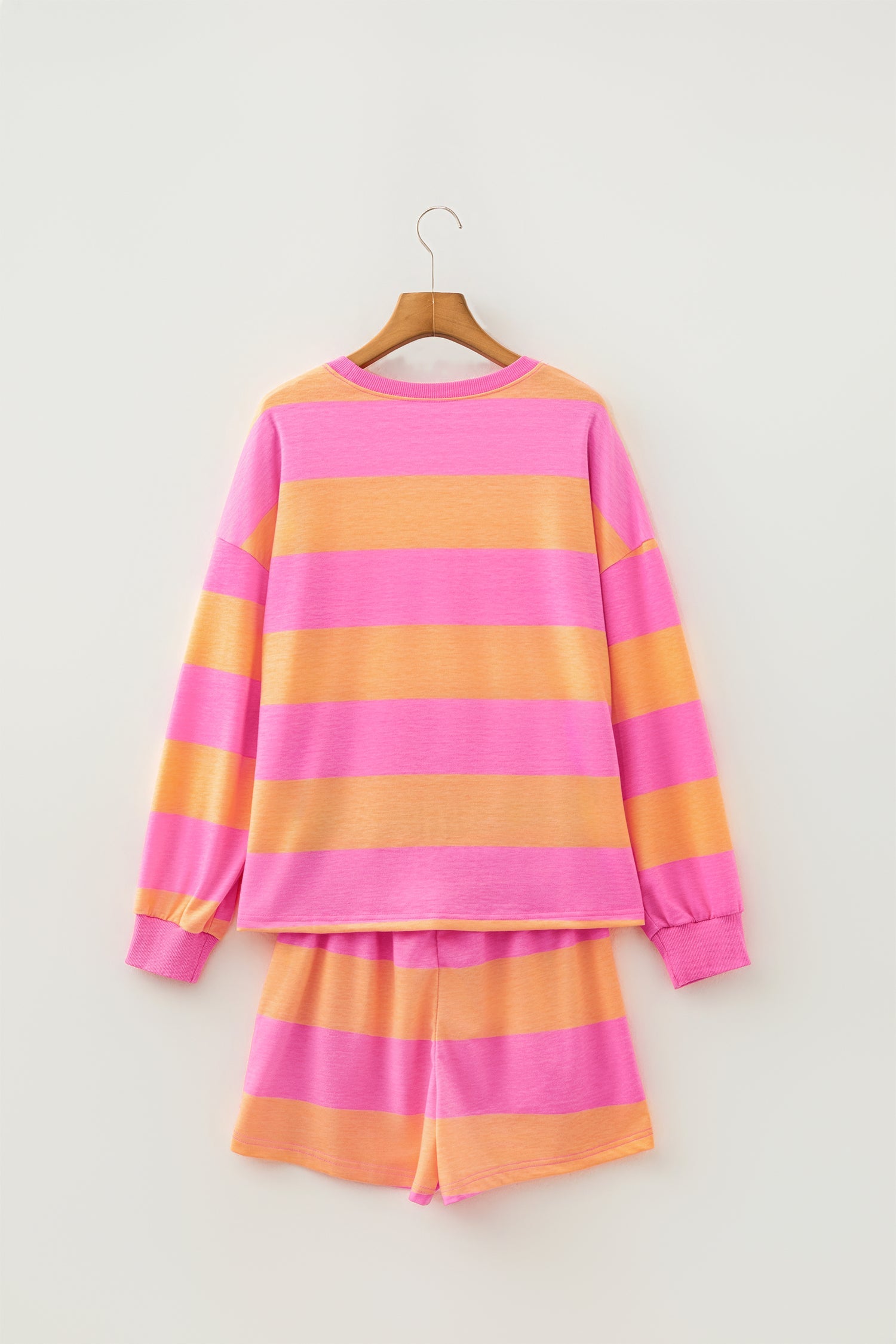 Stripe Top Long-Sleeved Everyday Drawcord Shorts 2-Piece Outfit in Pink