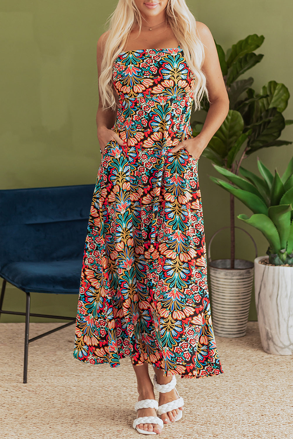Boho Floral Print Thin Straps Maxi Dress