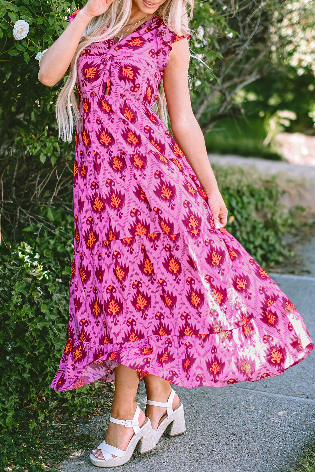 Women's Maxi Dress with Ruffle-Trimmed Sleeve Twist-Front