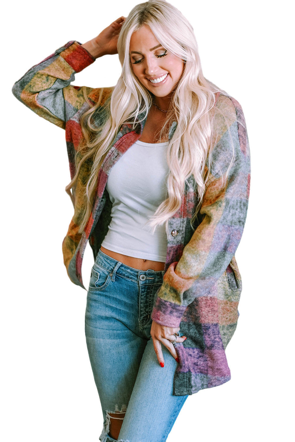 Women's Shacket Featuring Oversize Brushed Plaid Pocket-Detail