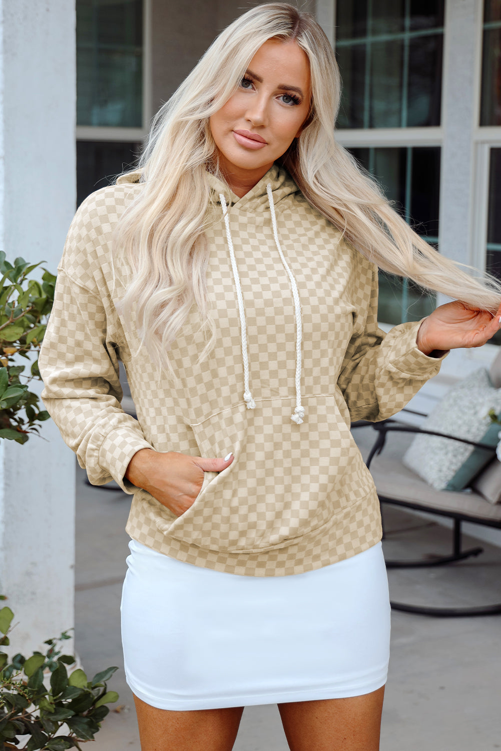 Checkered Print Kangaroo Pocket Drawstring Hoodie