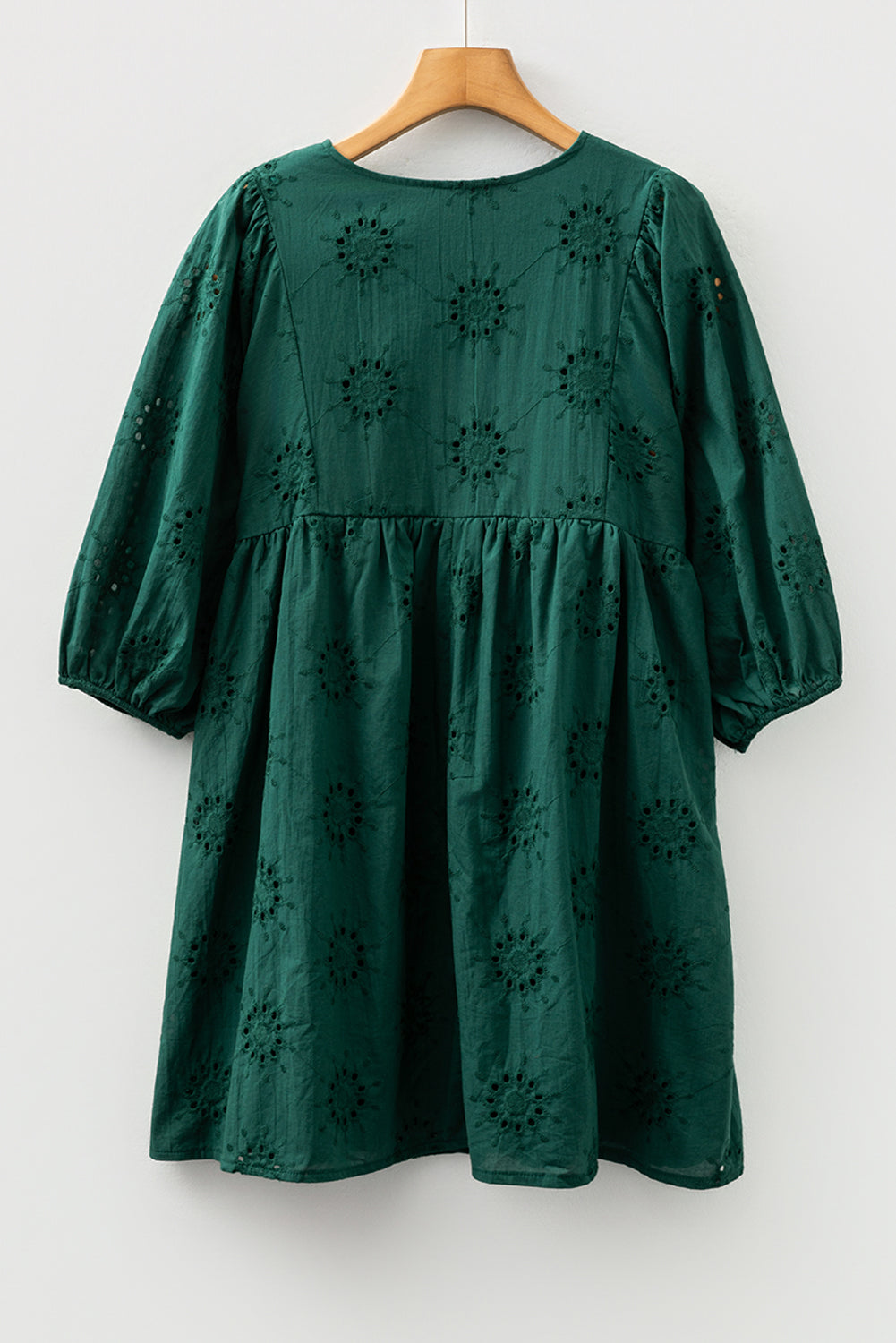 Embroidered Eyelet Pattern 3/4 Puffy Sleeve Swing Mini Dress