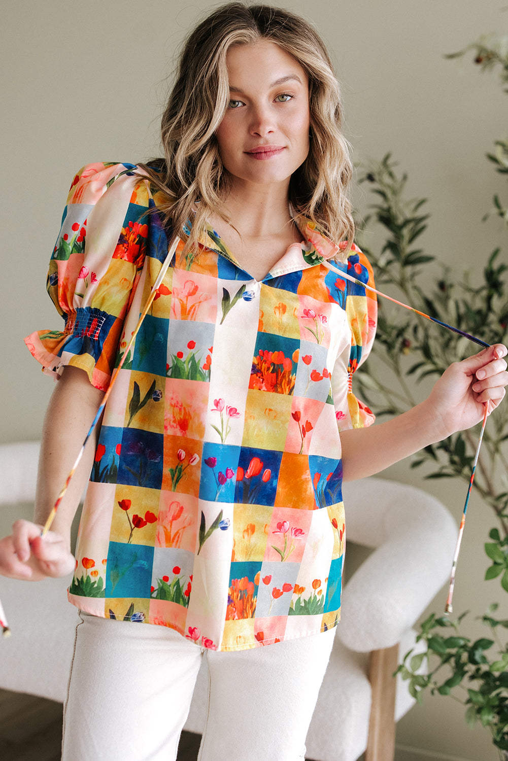 Floral Checker Print Ruffled Short Puff Sleeve Blouse