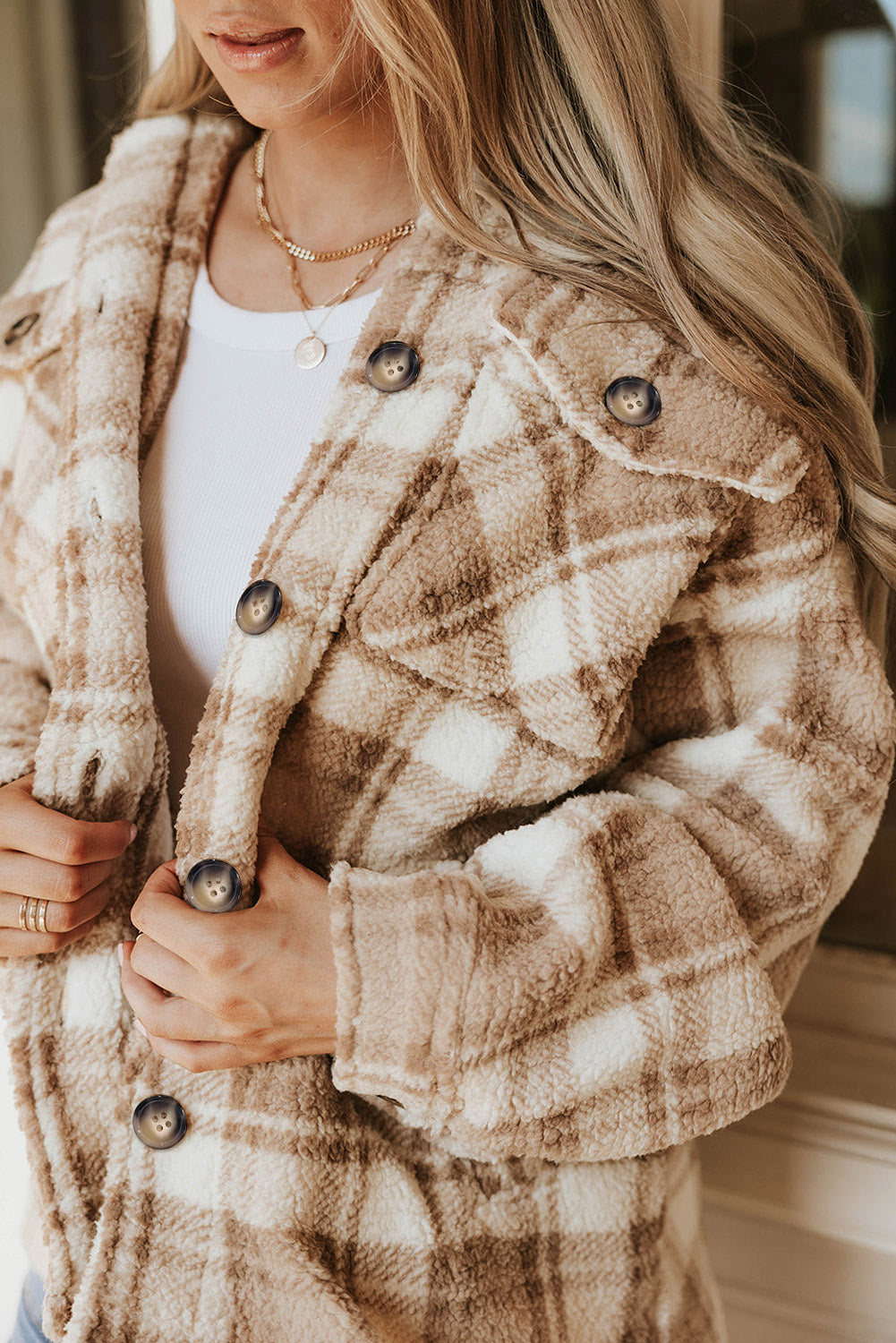Women's Jacket with Sherpa Plaid Button