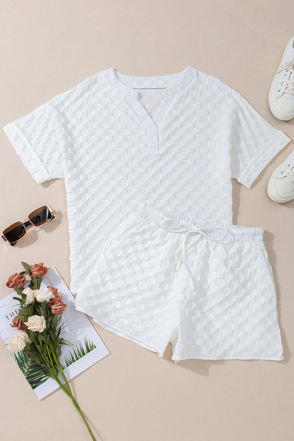 Shorts Set for Women Split Neck Top and