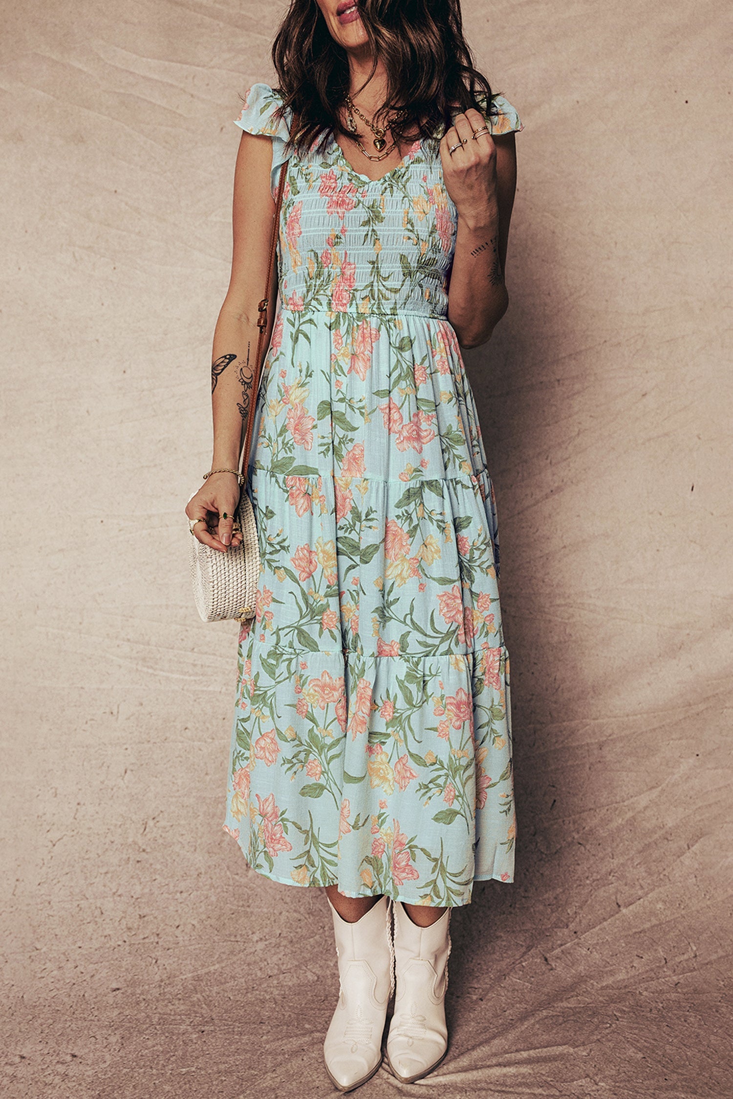 Smocked Sleeveless Bodice Ruffled Tiered Floral Maxi Dress