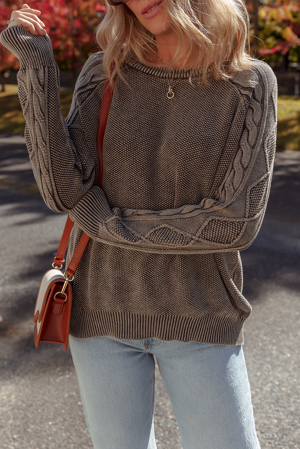 Contrast Cable Knit Sleeve Everyday Knit Top in Dark Brown