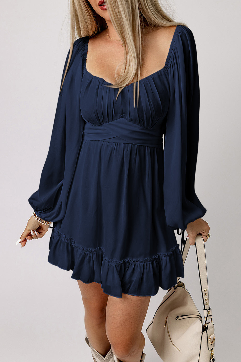 Plain Ruffled High-Waisted Square Neck Mini Dress in Blue