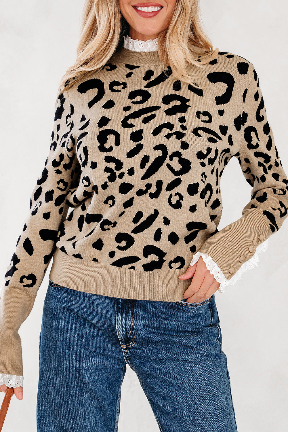 Pattern Lace Leopard Lace Rib-Knit Detail Button Cuffed Knit Top