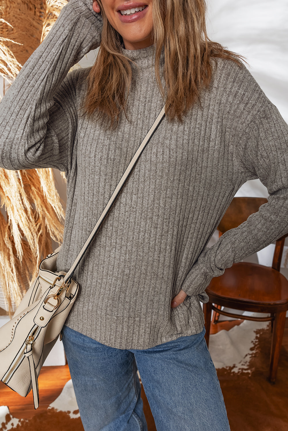 Rib-Knit Knit High Neck Pullover Top