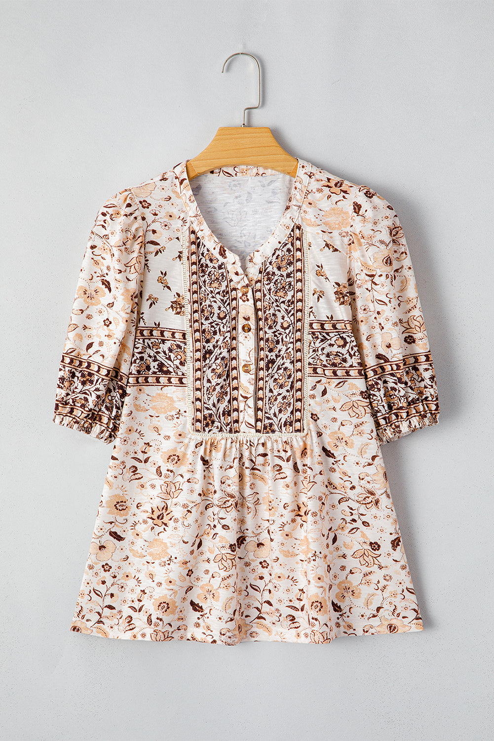 Boho Floral Print Half Placket Short Sleeve Loose Blouse