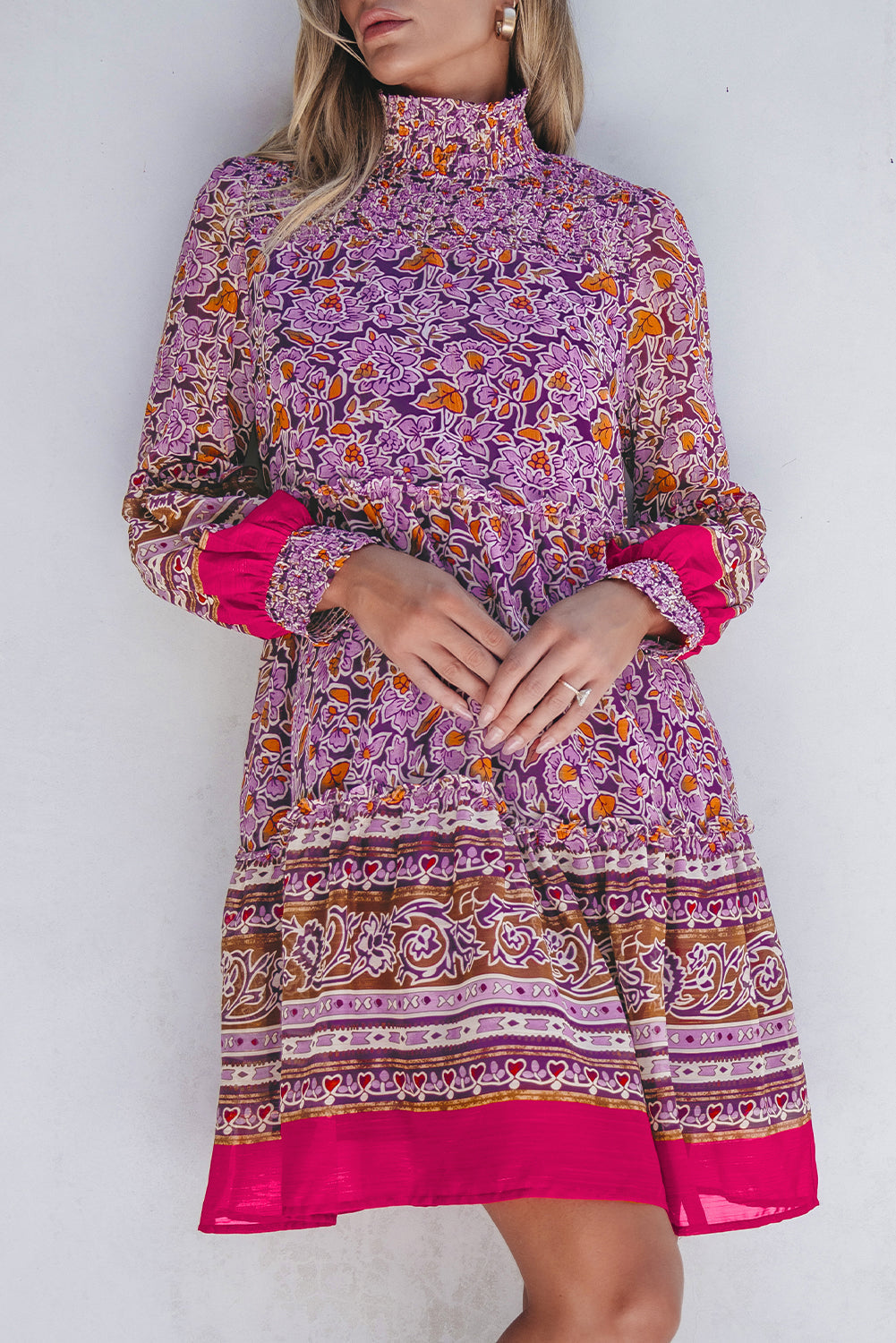 Women's Mini Dress with Mock Neck Shirred Balloon Sleeve