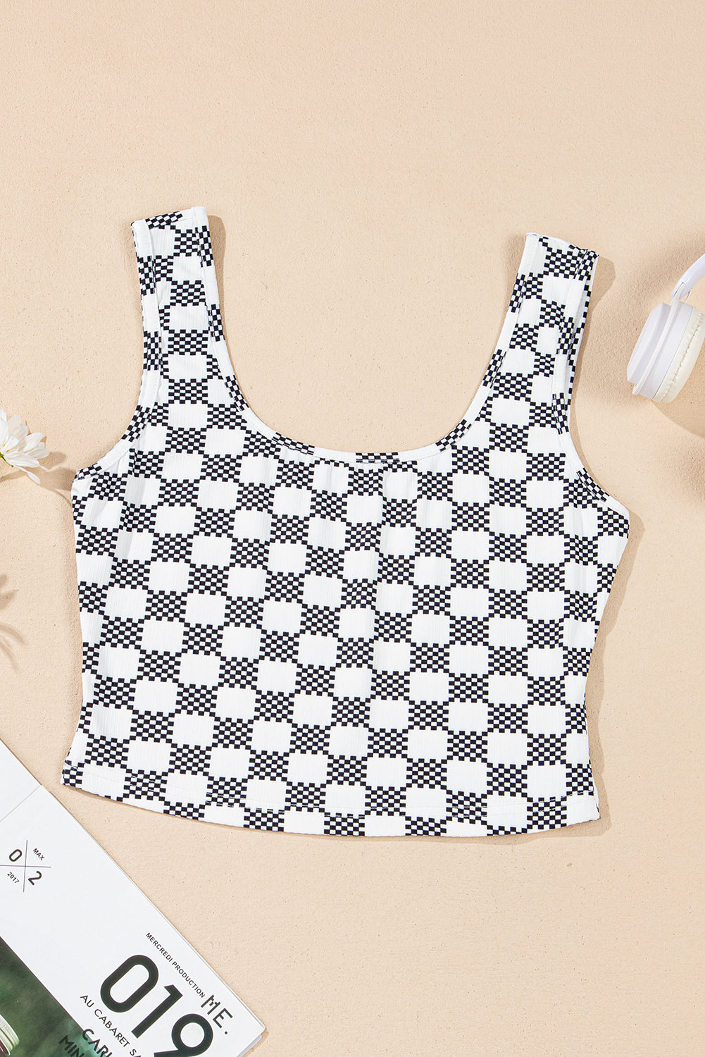 Checkered Print U Neck Cropped Tank Top