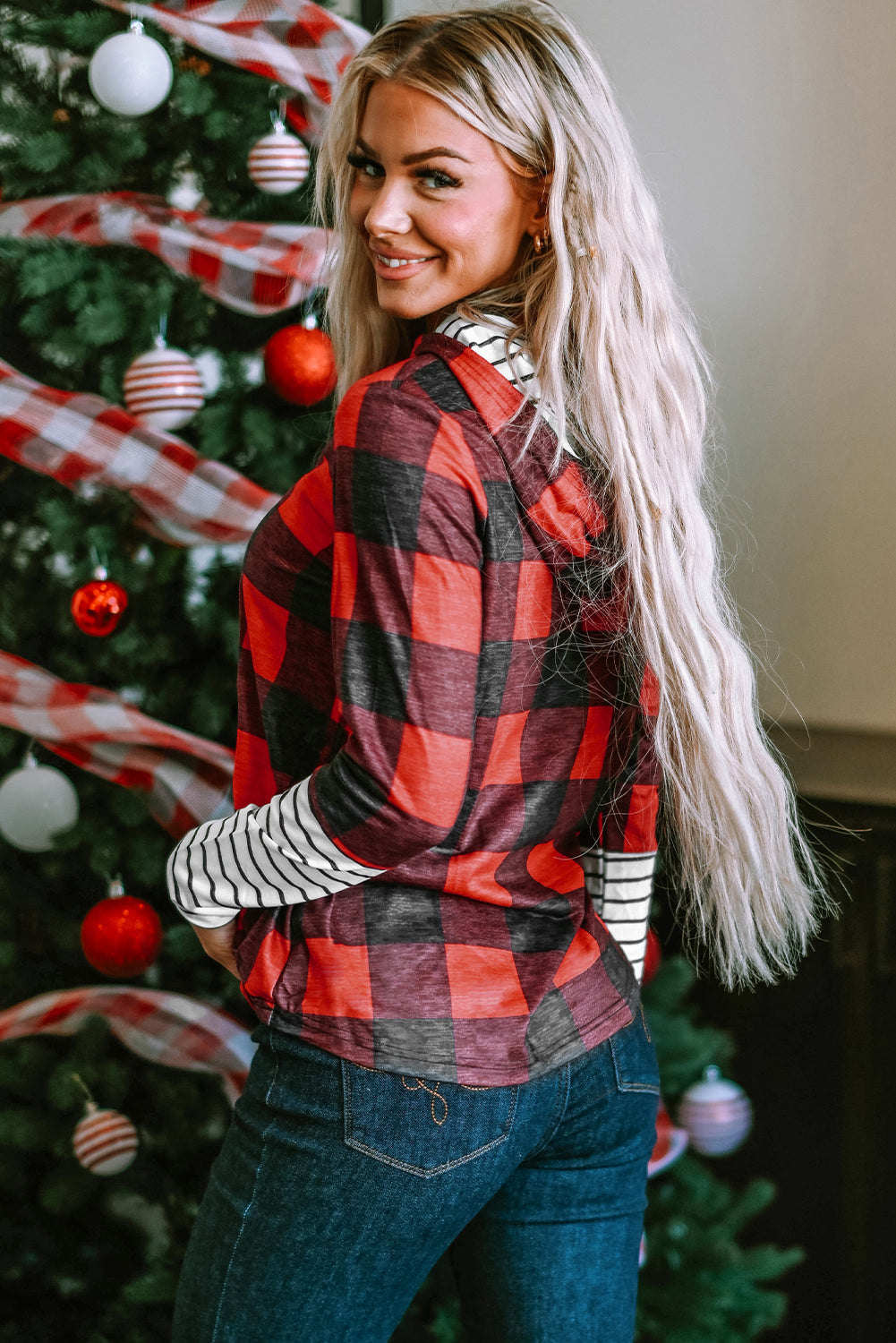 Women's Hoodie Featuring Plaid Christmas Tree Graphic-Print