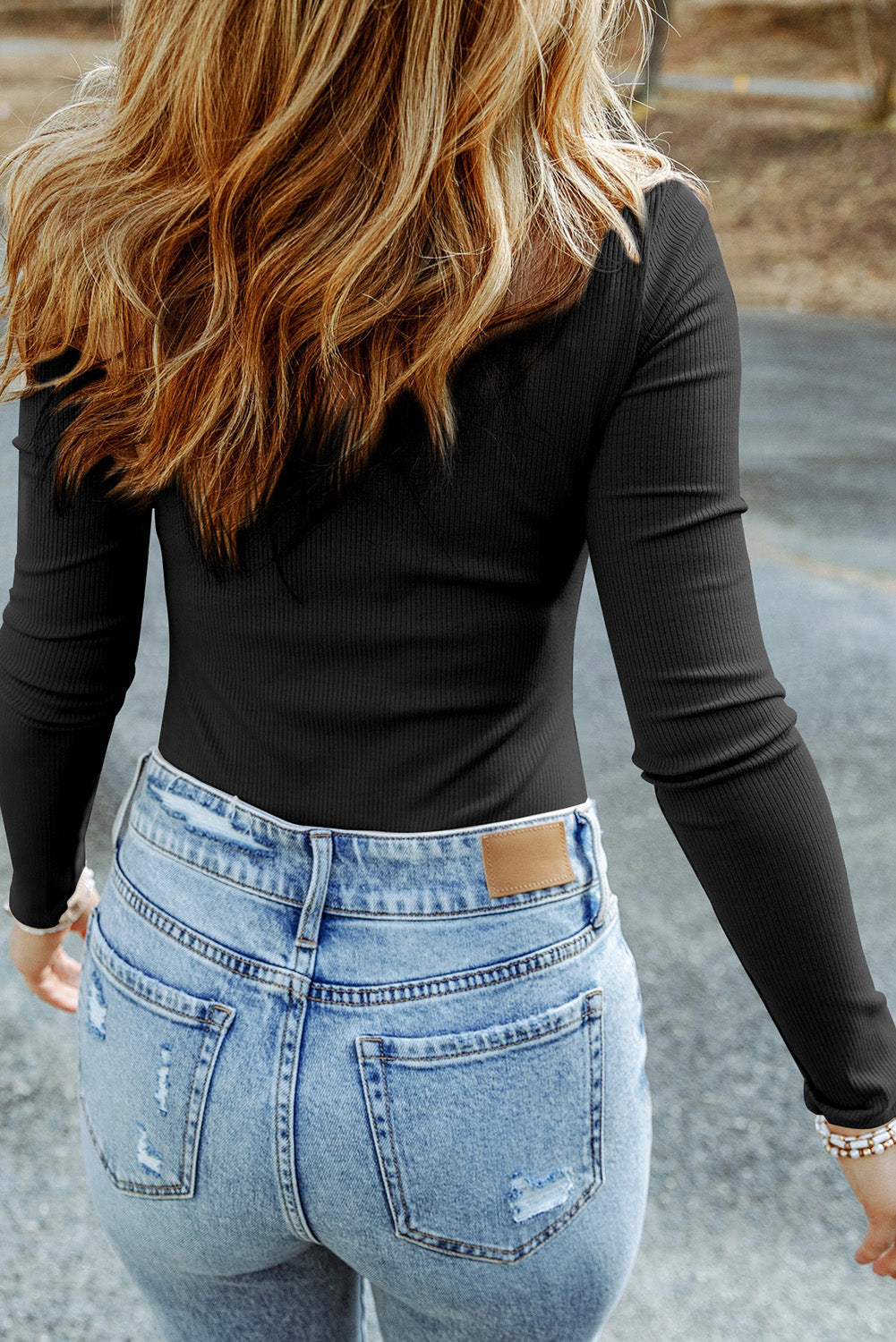 Women's Top Featuring Rib-Knitted Mock Neck Long-Sleeve