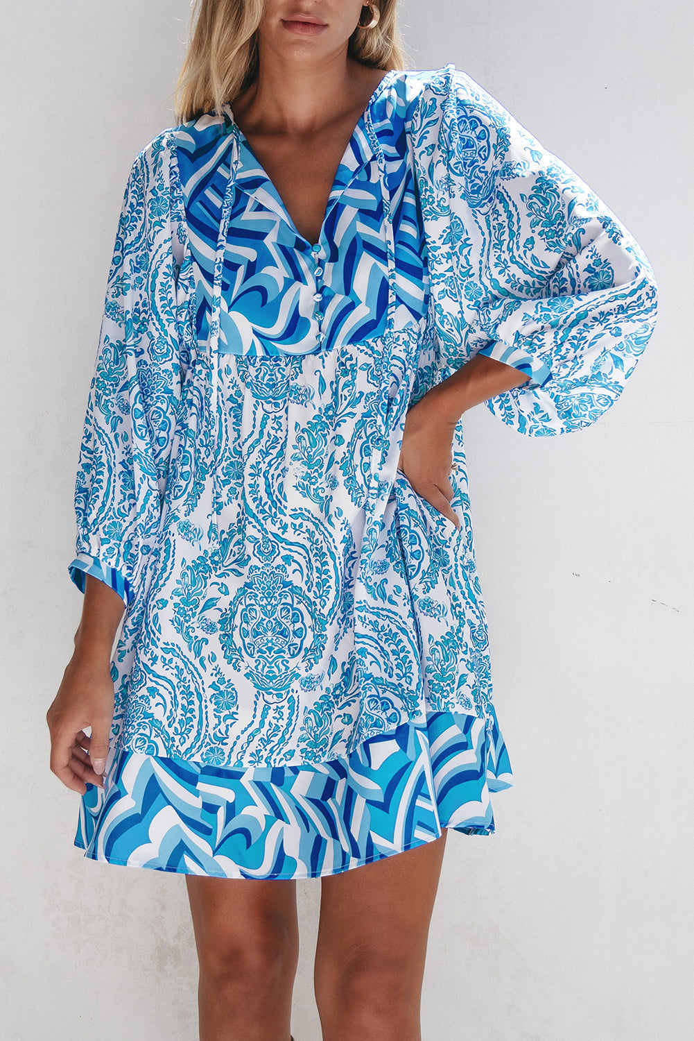 Women's Mini Dress with Flared Bohemian Puff Tie-Front