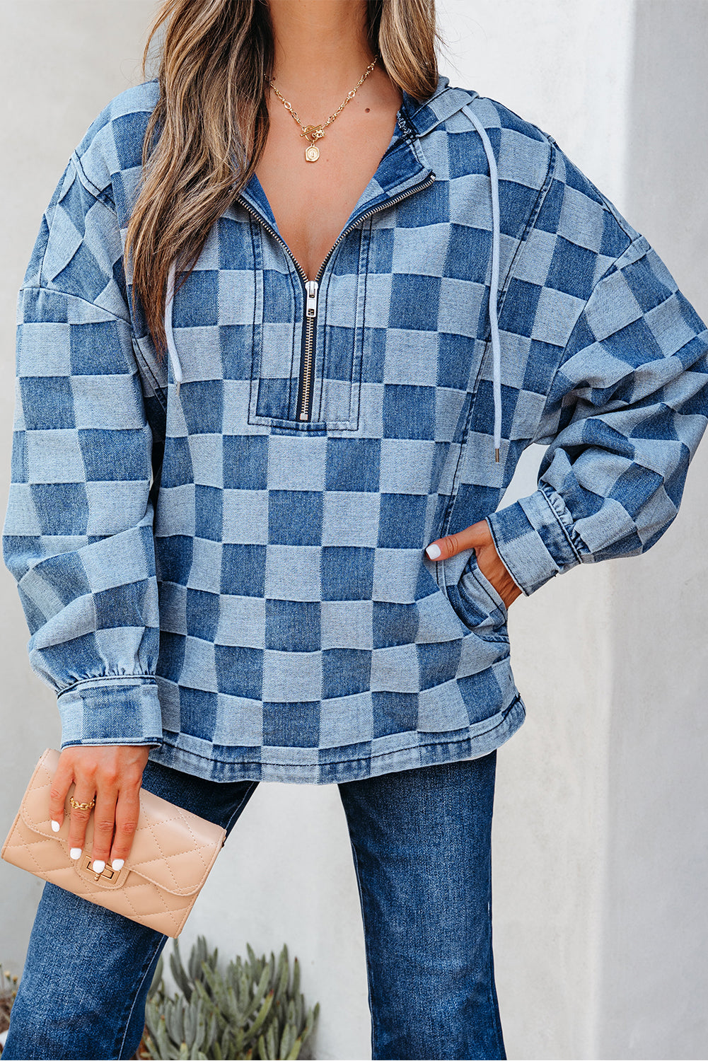 Neck Checkerboard Zip Kangaroo Pocket Denim Hoodie