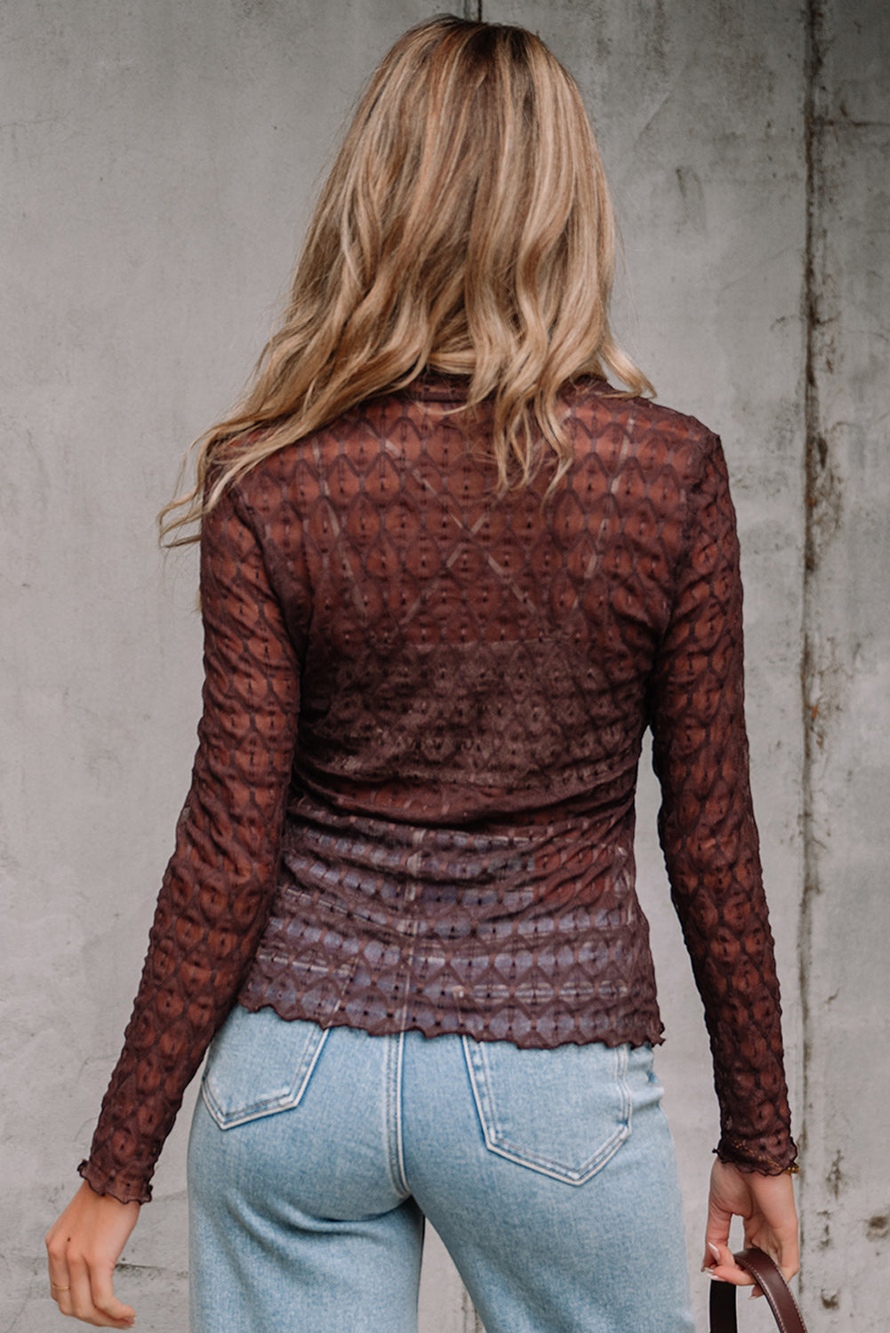 Sheer Lettuce Mesh Patterned Trim Slim Long-Sleeved Top