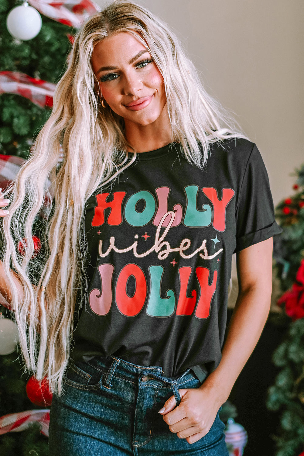 T Shirt for Women Crew Neck HOLLY JOLLY Vibes Christmas