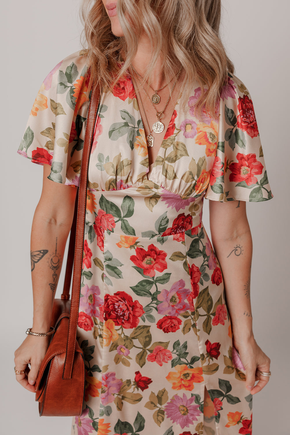 Vintage Floral V Neck Tie Back Long Slit Dress