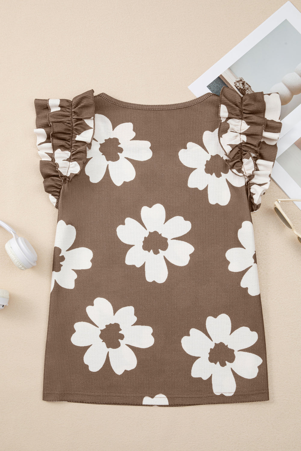 Floral Textured Ruffled Short Sleeve Square Neck Blouse