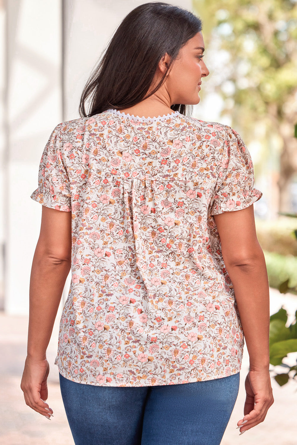 Women's Top Featuring Split Neck Floral-Print Plus Size