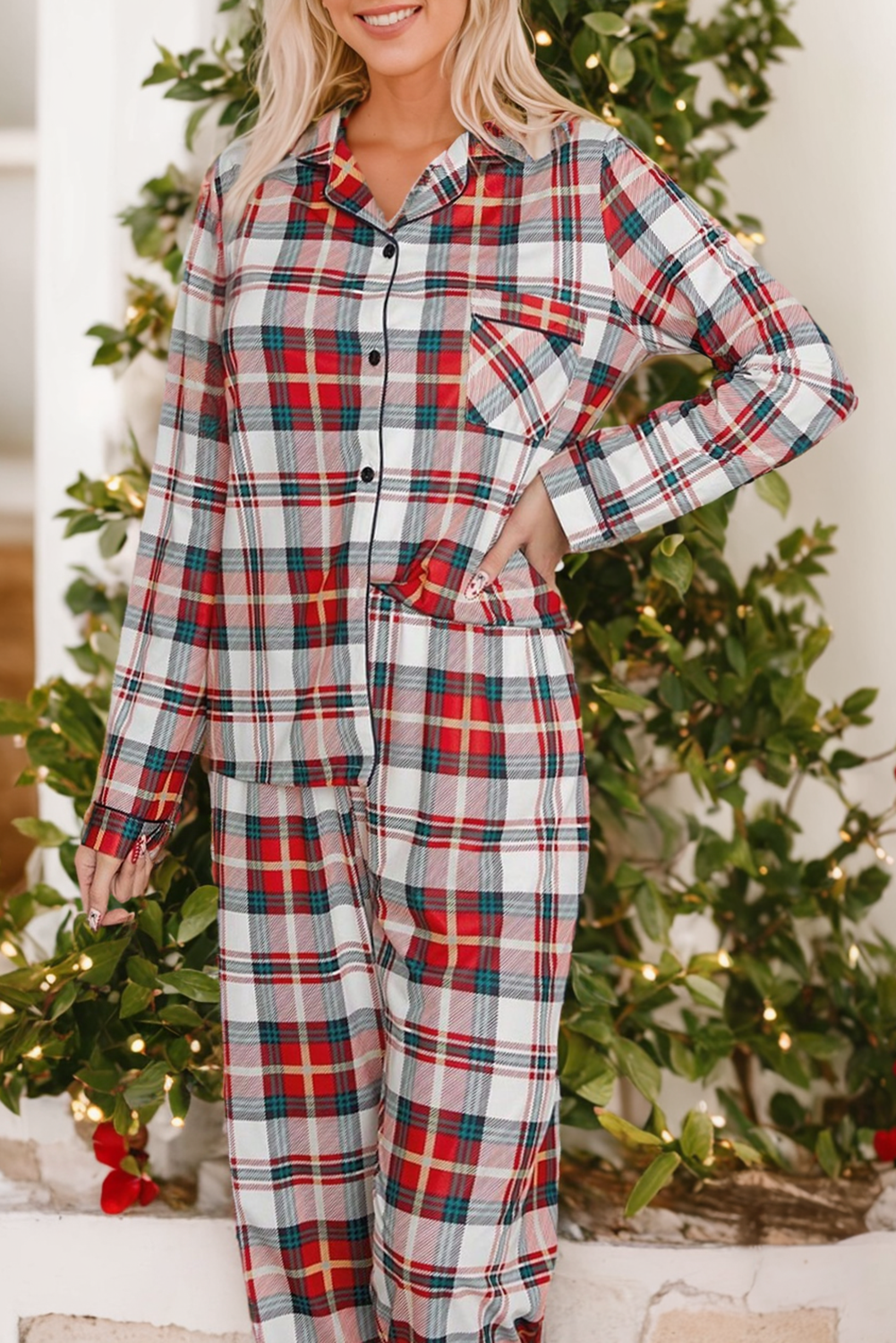 Christmas Plaid Print 2-Piece Long-Sleeved Pajamas Set