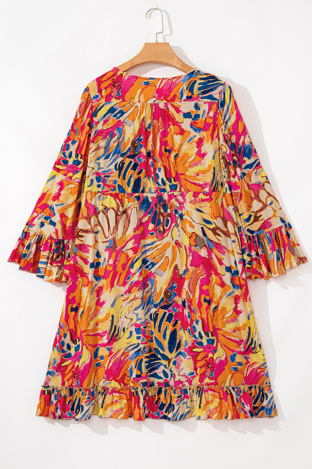 Plant Print Flared Sleeve Ruffled Hem Tunic Flowy Dress
