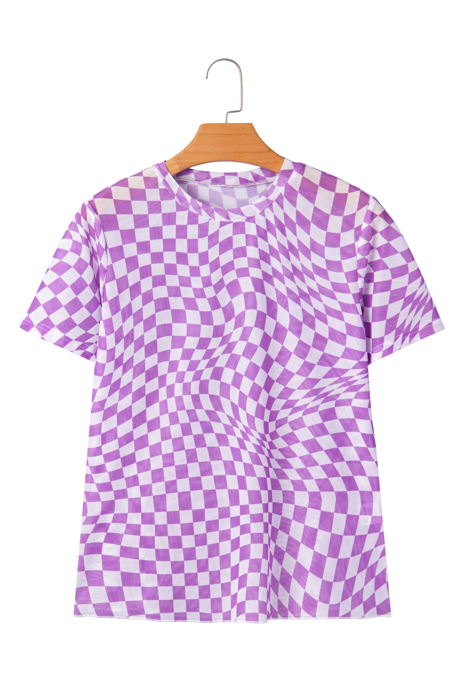 Print Crew-Neck Checkered Crew-Neck Mesh T Shirt
