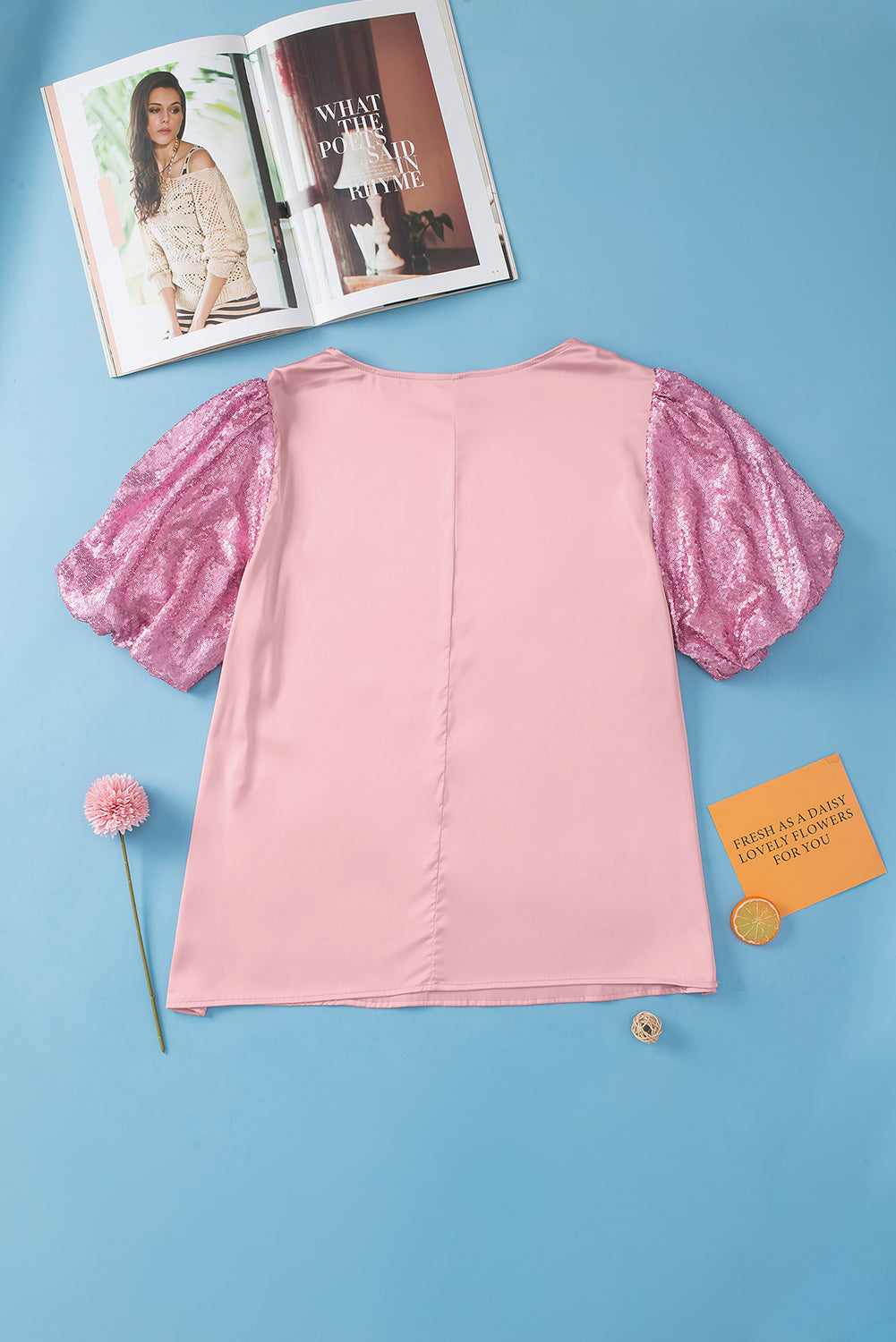Women's T-shirt with Plus Size Contrast Sequin Bubble Sleeve
