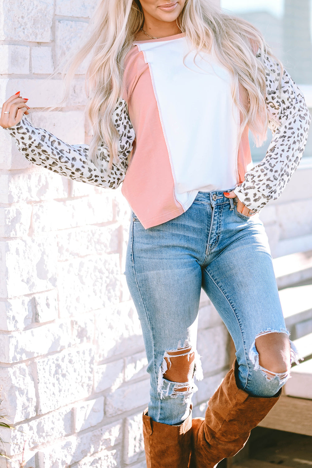 Women's Top with Leopard-Print Sleeve Color-Block