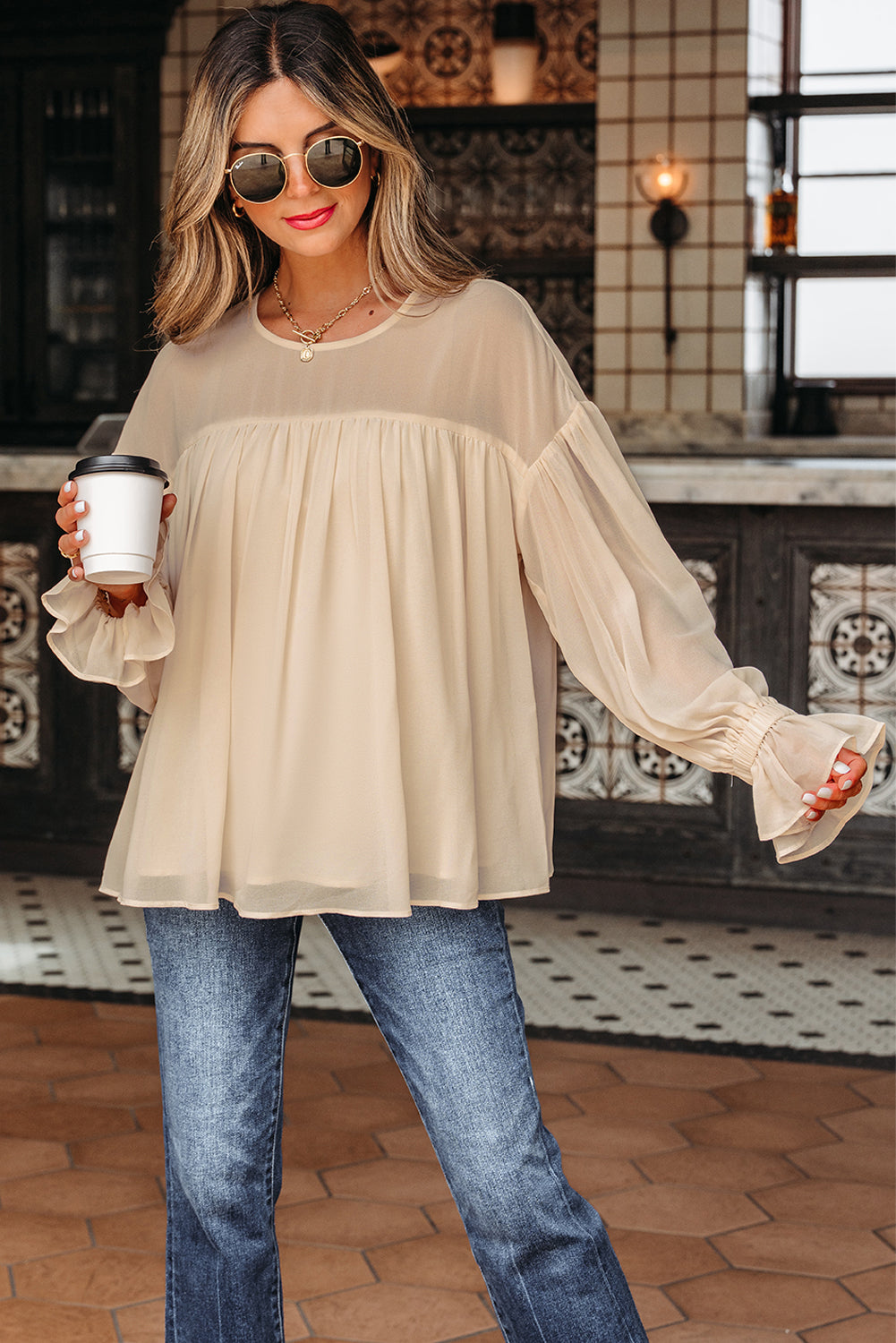 Pleated Ruffle Long-Sleeved Chiffon Blouse