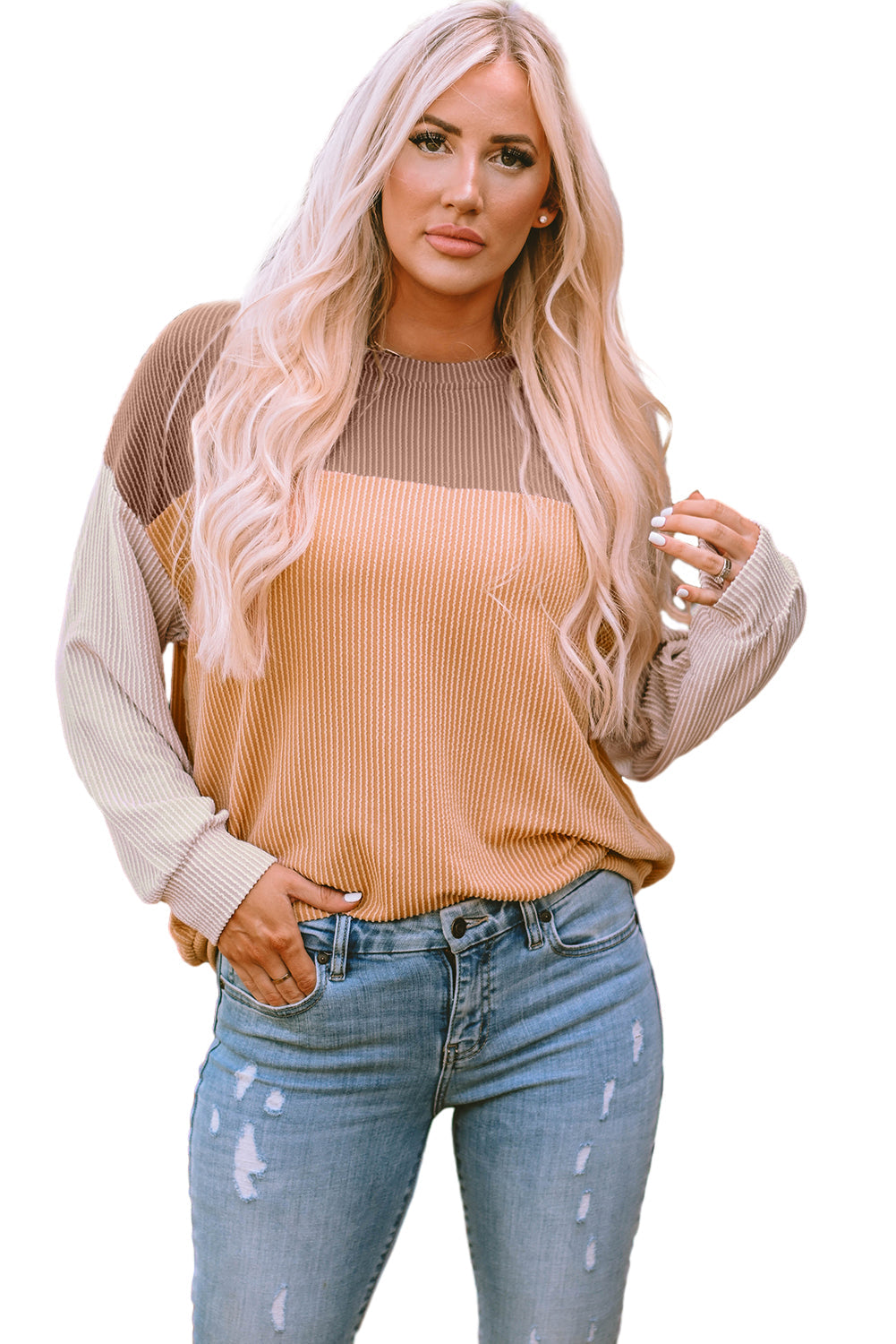 Women's Top Featuring Rib-Knitted Loose Color-Block