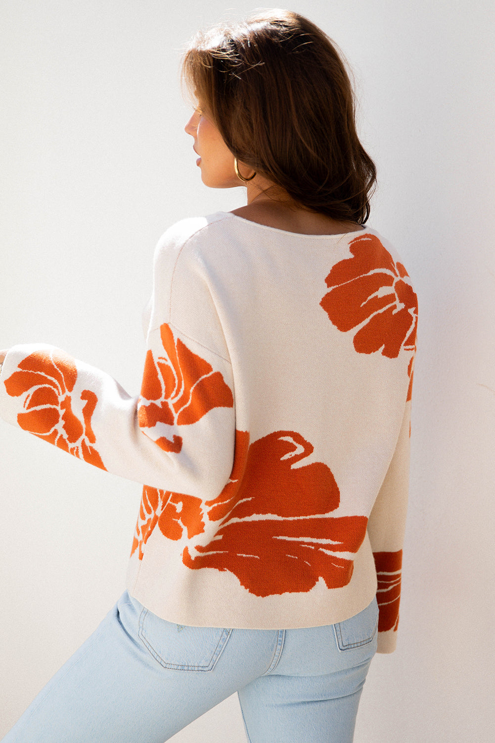 Bold Wide Flower Pattern Sleeve Baggy Knit Top