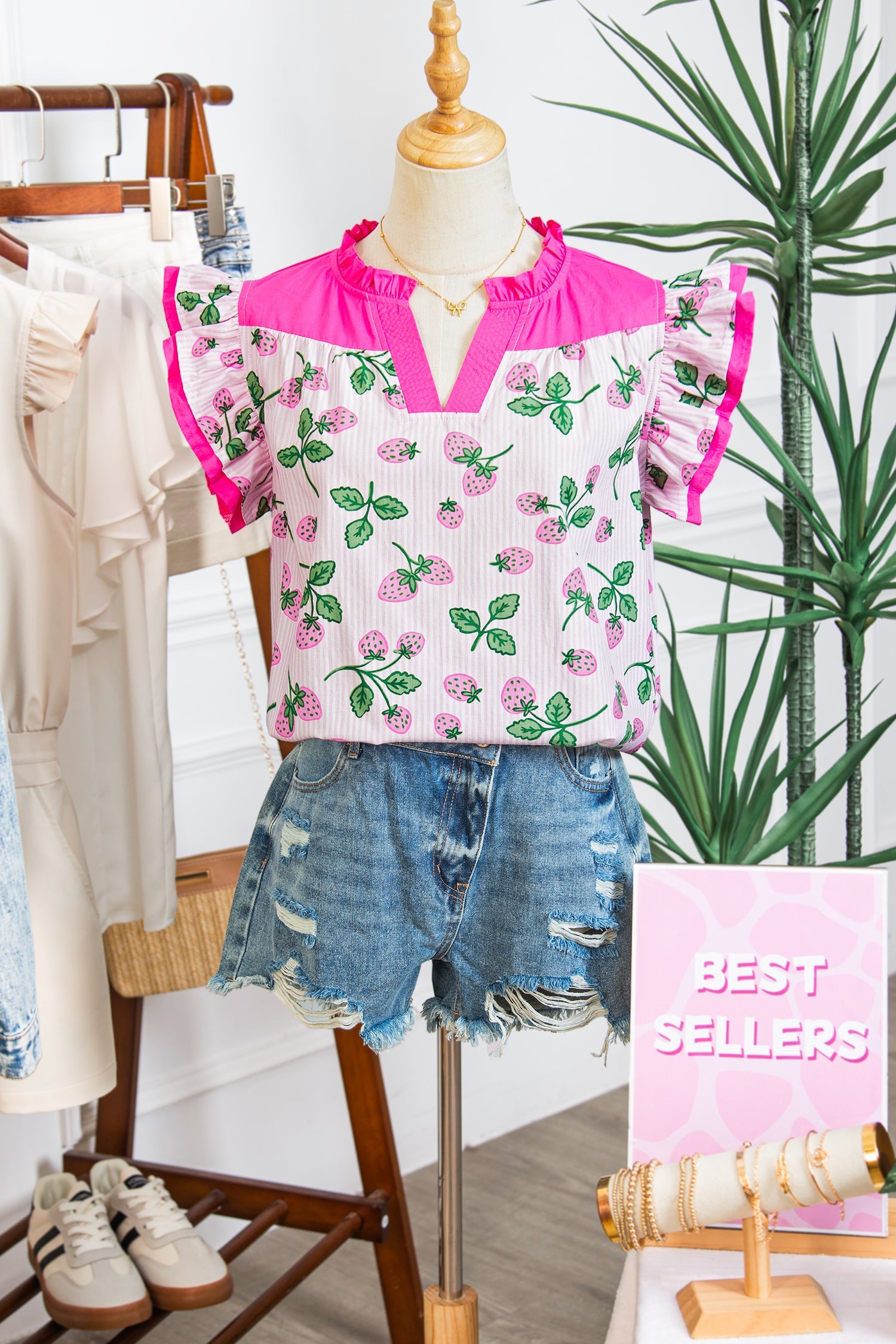 Printed Striped Strawberry Colorblock Patchwork V-Neck Flutter Sleeve Blouse