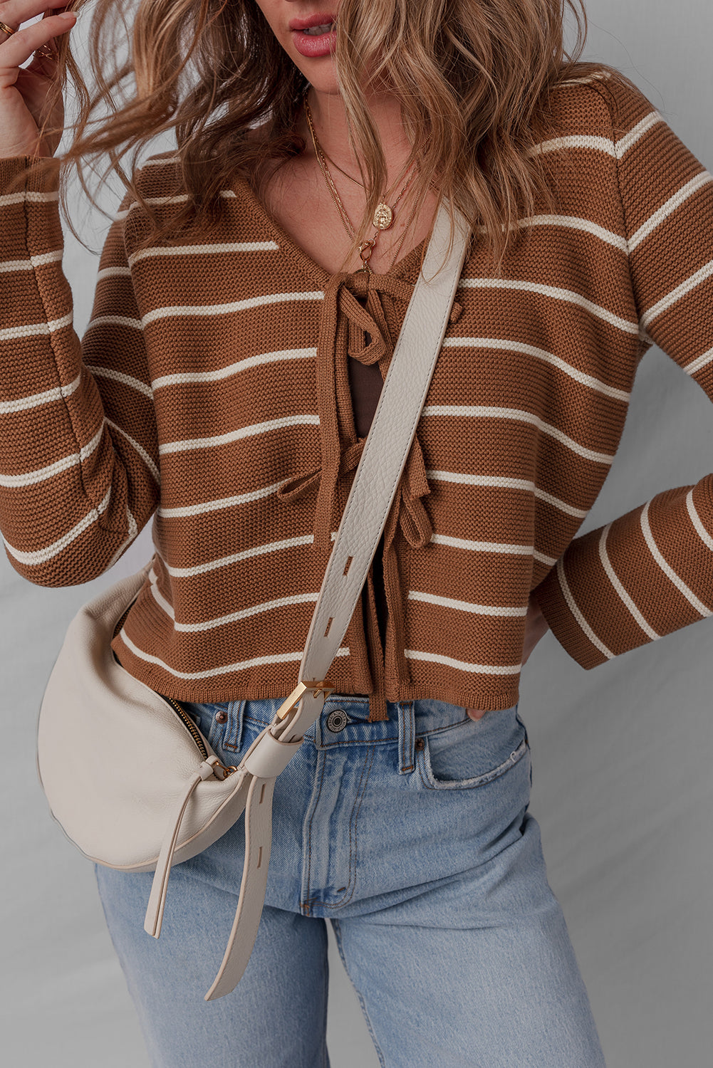 Front Striped Tie Striped Knit V-Neck Cardigan Knit Top