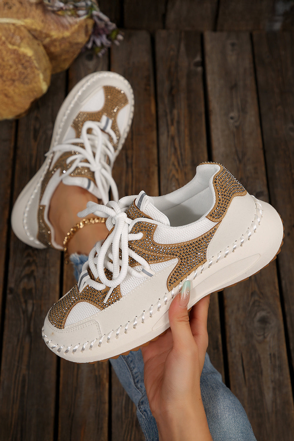 Embellished Colorblock Rhinestone Colorblock Patchwork Lace-up Breathable Sneakers